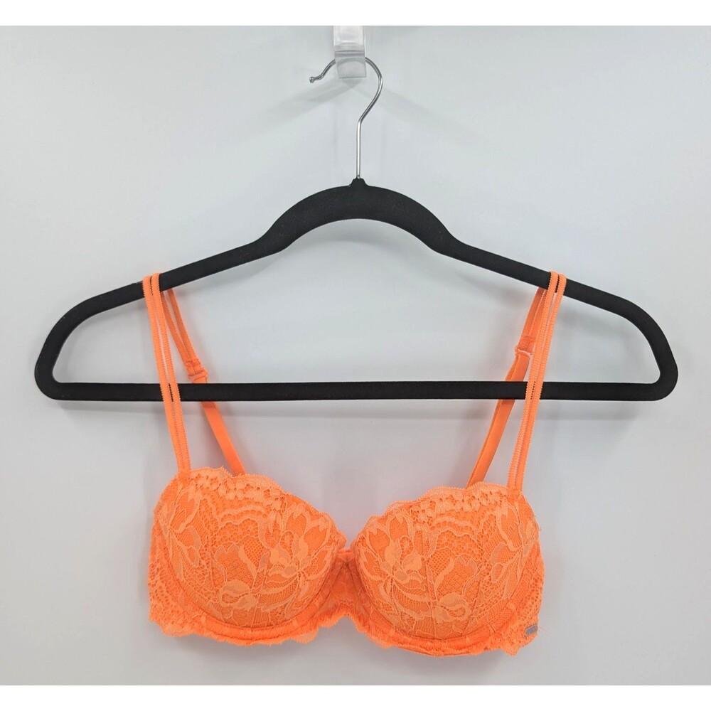 Victoria's Secret PINK Bra 34A Bright Orange Lace Date Push Up-READ